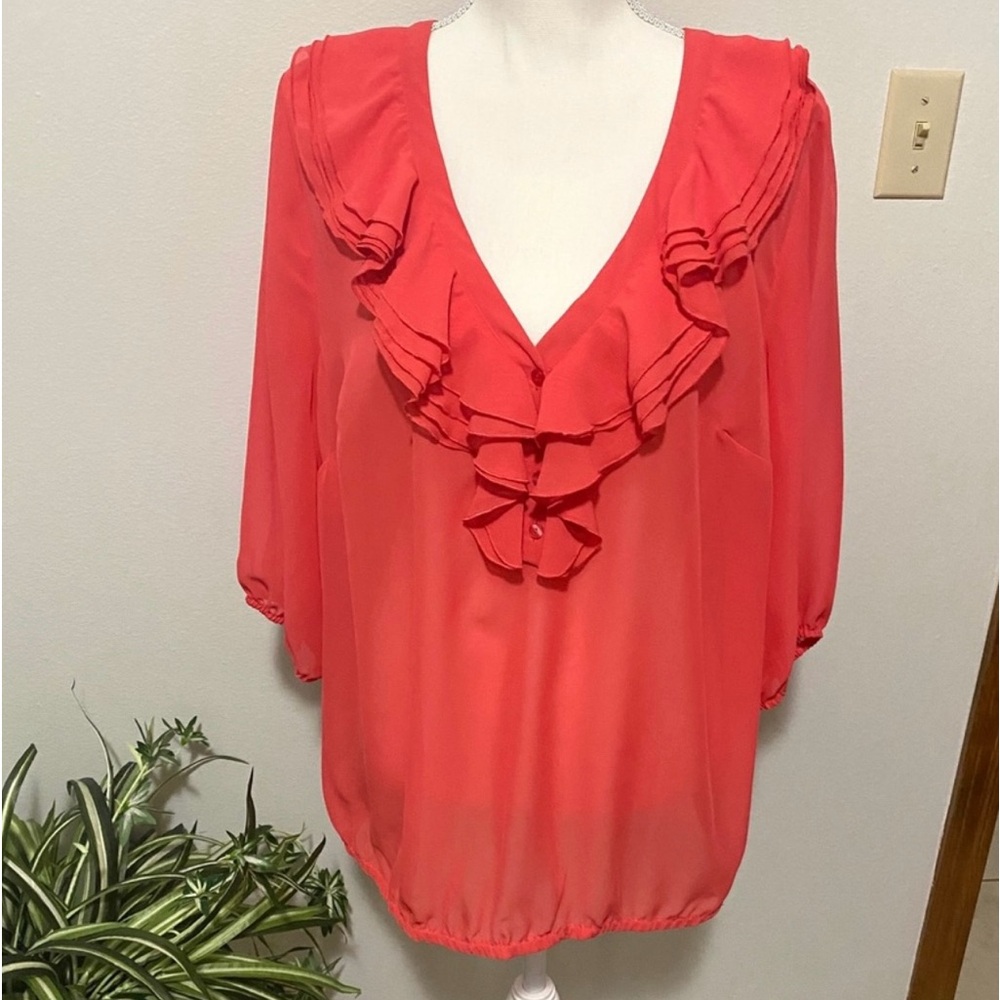 Lane Bryant Plus Size 2X Ruffle V-Neck Chiffon Blouse Burnt Orange 3/4 Sv NWOT
